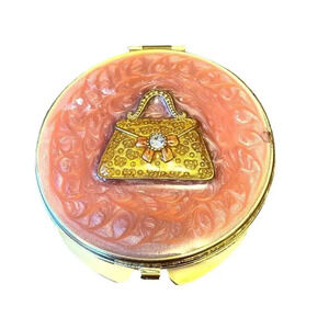Rare Vintage Mini Make Up Mirror Golden Metal Crystal Purse Royal Mid Century